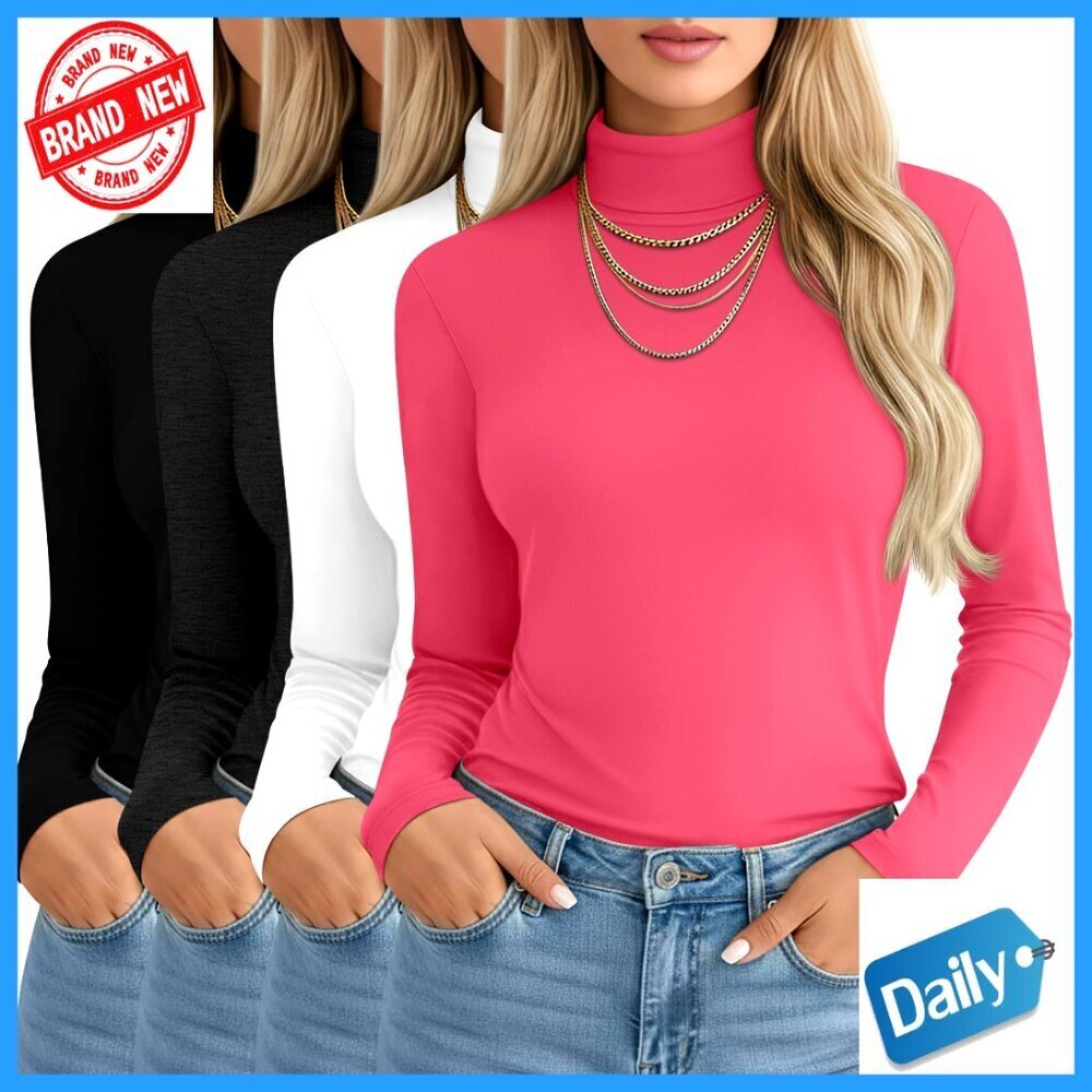 Slim Fit Turtleneck Long Sleeve Tops, 4-Pack Basic Tees, Lightweight Cotton